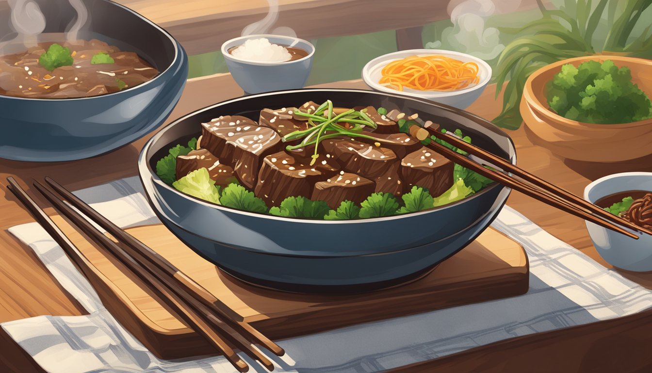 A sizzling beef teriyaki bowl sits on a wooden table, steam rising from the tender meat and savory sauce. A pair of chopsticks rests beside the bowl