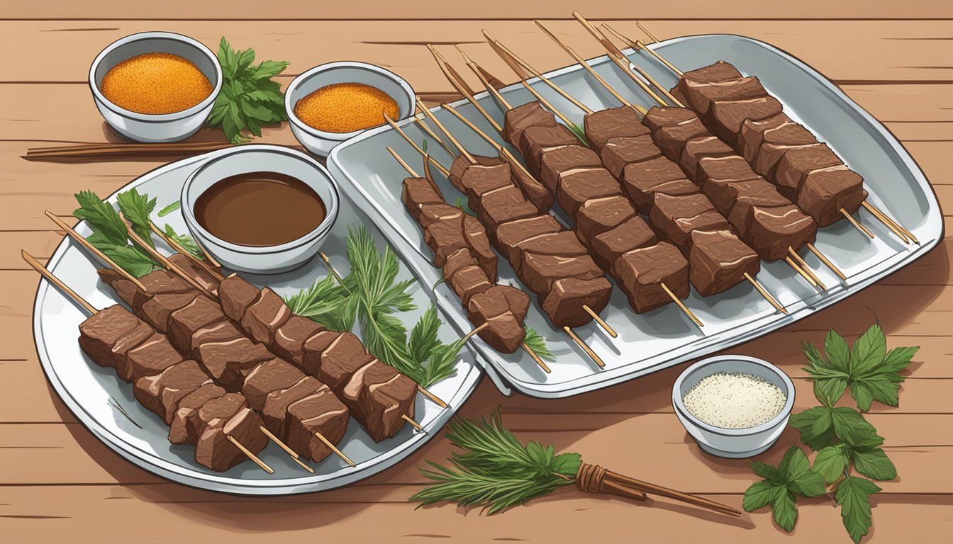 A plate of marinated beef skewers sits next to a bowl of spices and herbs. The skewers are arranged neatly and ready to be cooked