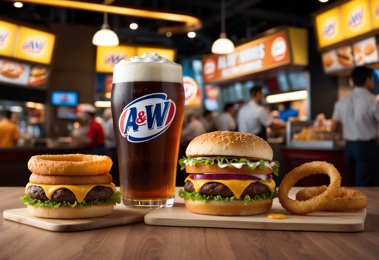 A&W promotions in Singapore: Iconic root beer floats, juicy burgers, and crispy onion rings showcased in a vibrant and bustling fast-food setting