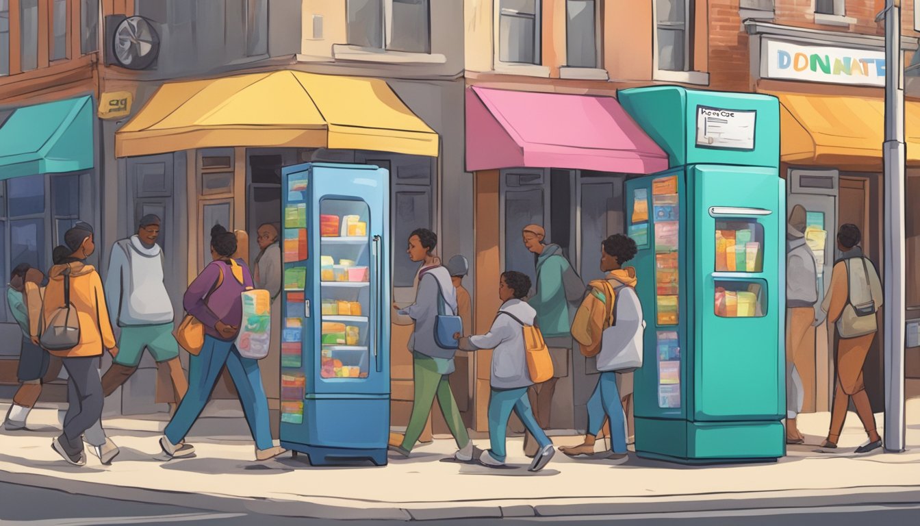 A bustling street corner, with a colorful community fridge adorned with notes and flyers. People of all ages and backgrounds approach to donate or take food items