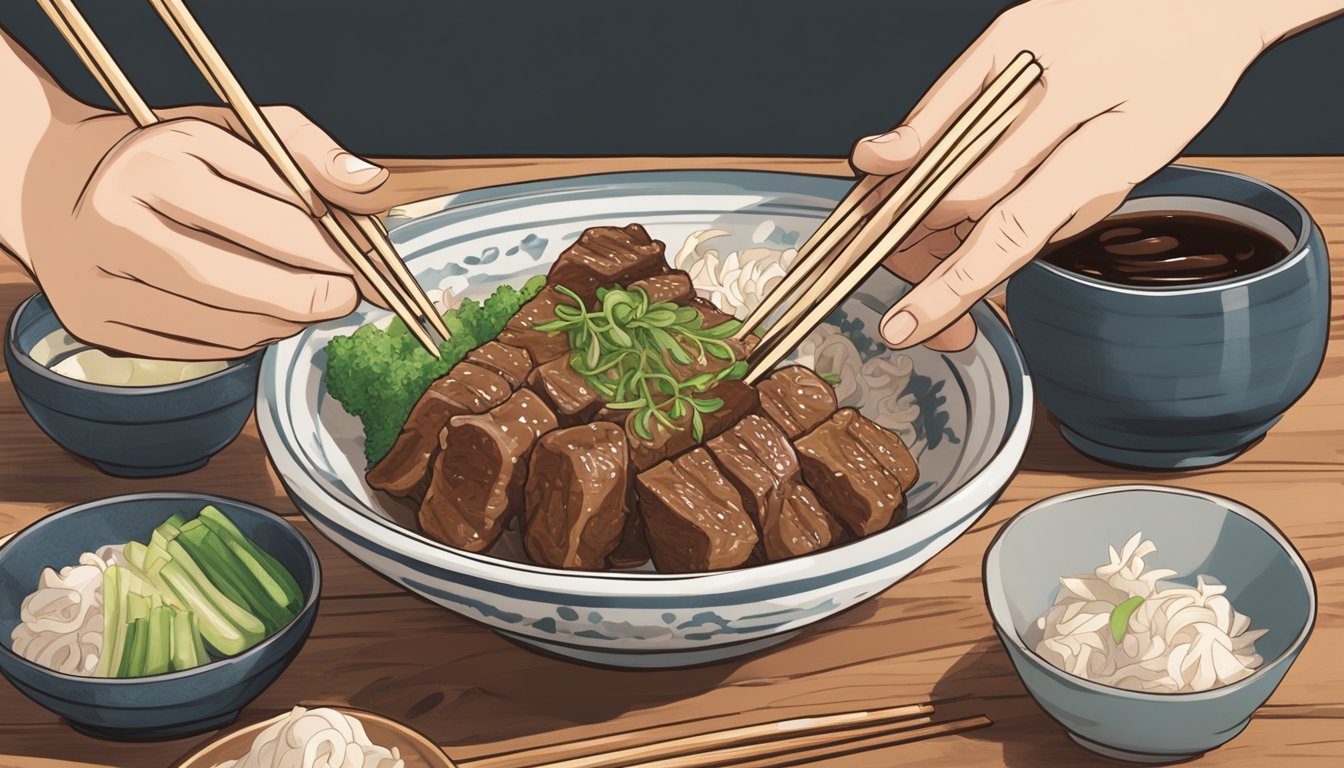 A steaming beef teriyaki bowl sits on a wooden table, surrounded by chopsticks and a small dish of pickled ginger. A person's hand reaches for the bowl, ready to enjoy