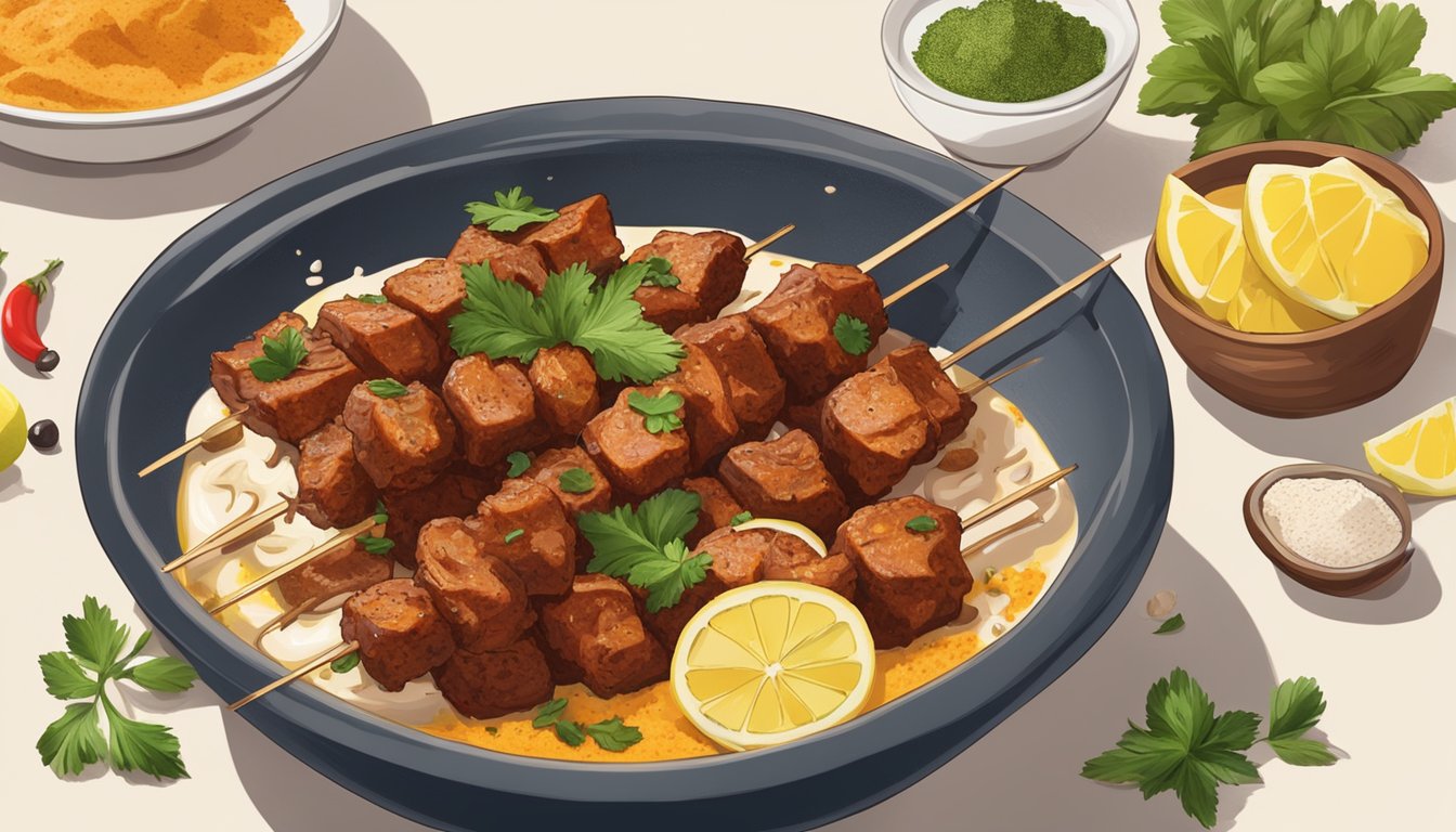 Beef tikka skewers marinating in a bowl of spices and yogurt, surrounded by ingredients like garlic, ginger, and lemon