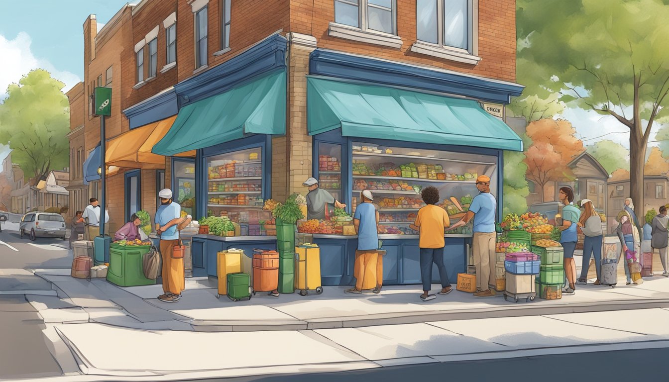 A bustling street corner in Naperville, IL, with a colorful and inviting community fridge surrounded by diverse individuals dropping off and picking up food items