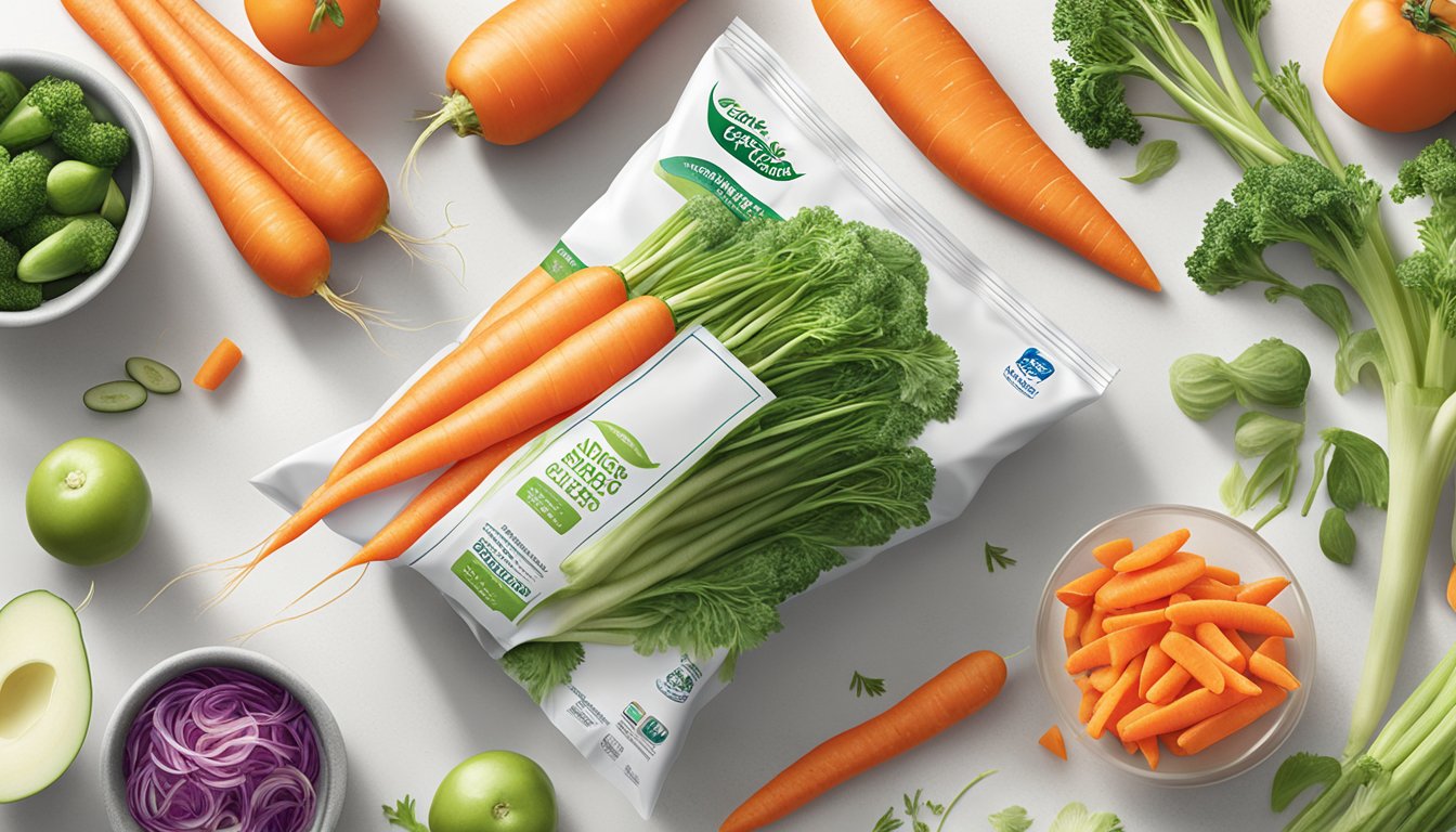 A bag of Birds Eye SteamFresh carrots sits on a clean, white kitchen countertop, surrounded by other fresh vegetables