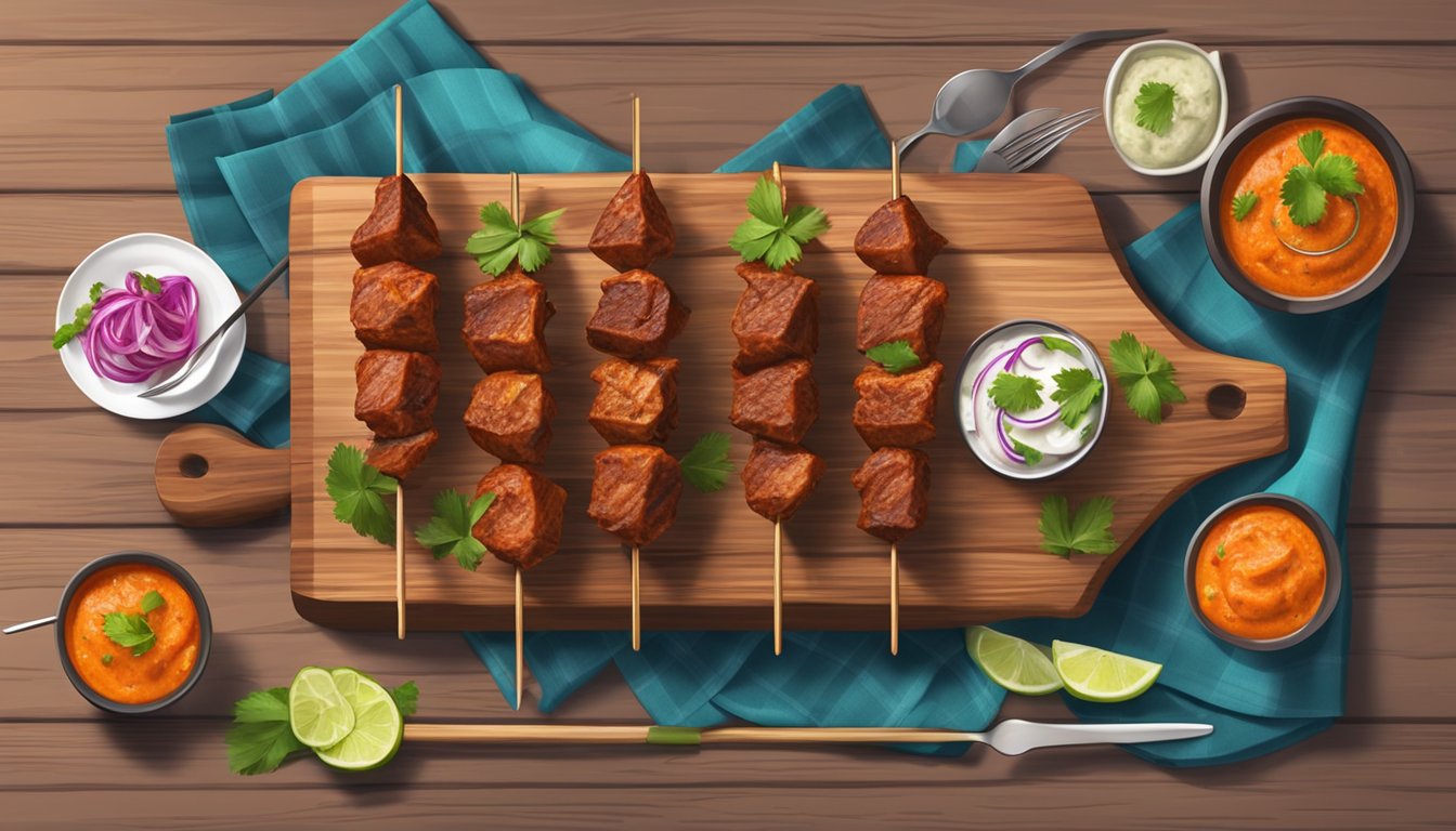 Beef tikka skewers on a wooden platter with garnishes, surrounded by colorful napkins and serving utensils