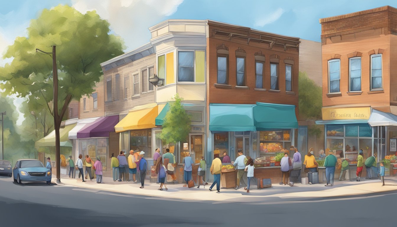 A bustling street corner in Naperville, Illinois, with a colorful, inviting community fridge surrounded by locals exchanging food and goods