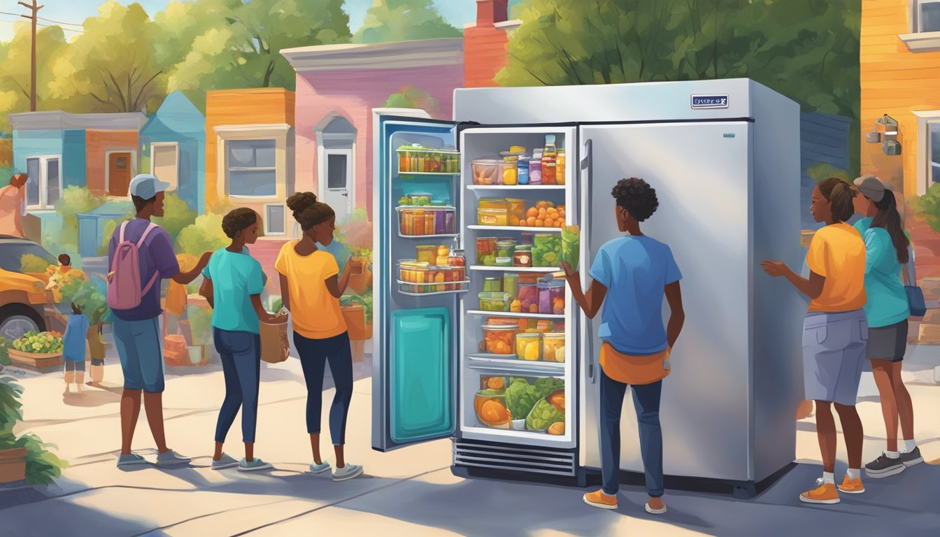 A group of volunteers stock a vibrant, outdoor fridge in a bustling suburban neighborhood, surrounded by colorful murals and a diverse array of donated food