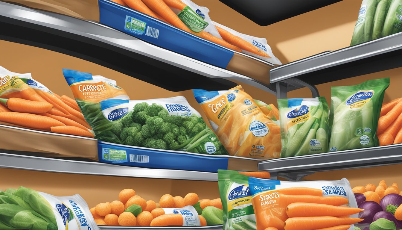 A bag of Birds Eye SteamFresh carrots sits on a pantry shelf, surrounded by other frozen vegetables. The expiration date is clearly visible on the packaging