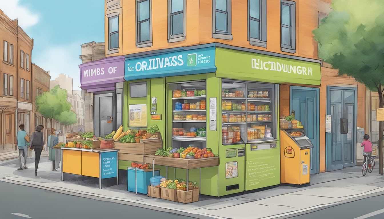 A bustling city street with a colorful community fridge adorned with various food items and a sign detailing the history and mission of the initiative