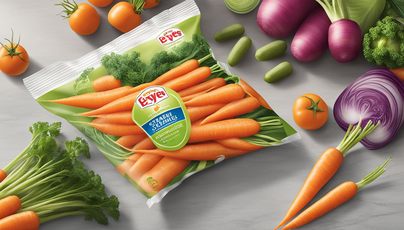 A bag of Birds Eye SteamFresh Carrots sits on a clean countertop, surrounded by fresh vegetables