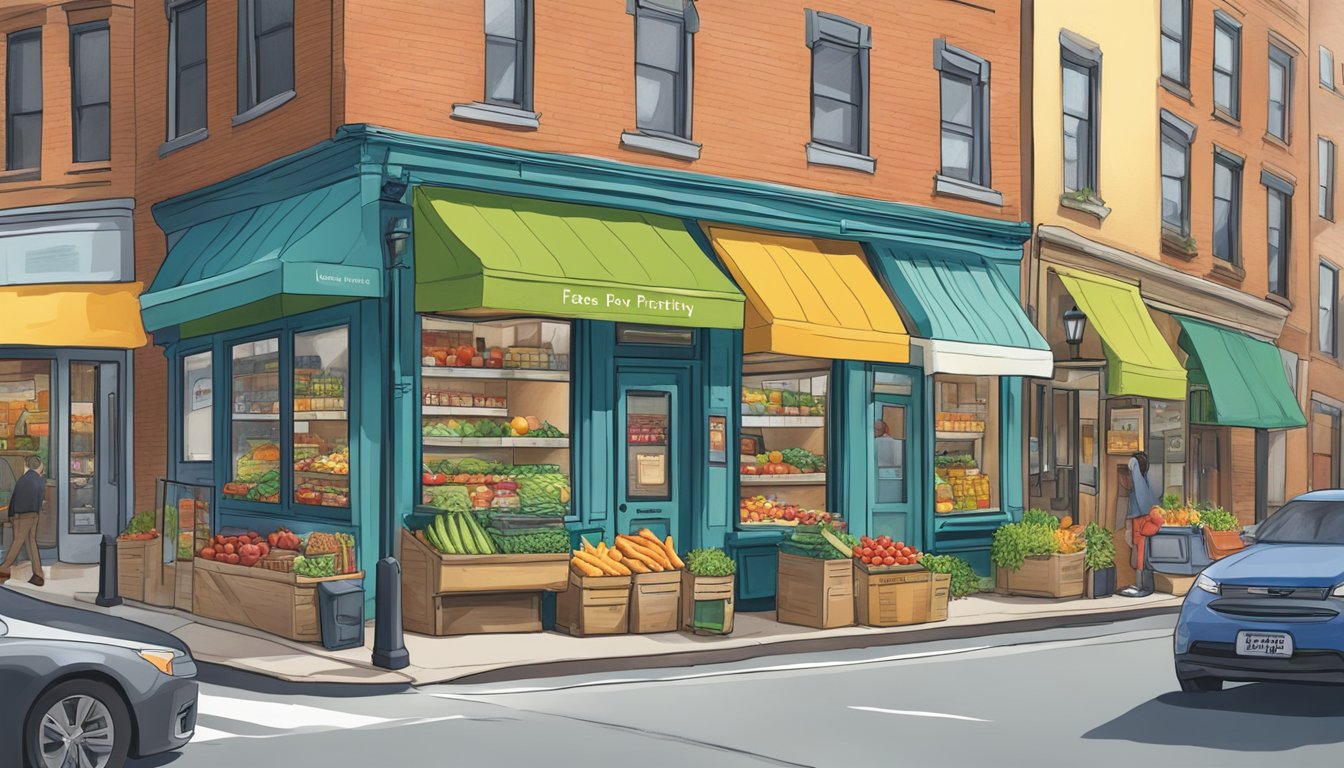 A bustling street corner in Boston, MA, with colorful local community fridges filled with fresh produce and pantry staples