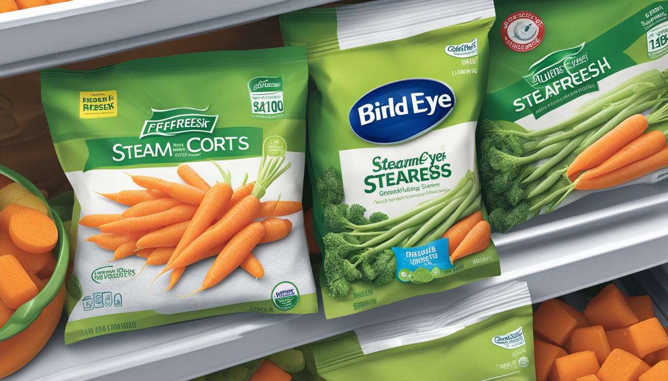 A bag of Birds Eye Steamfresh carrots sits in a freezer next to other frozen vegetables. The packaging is clean and intact, with a clear expiration date visible