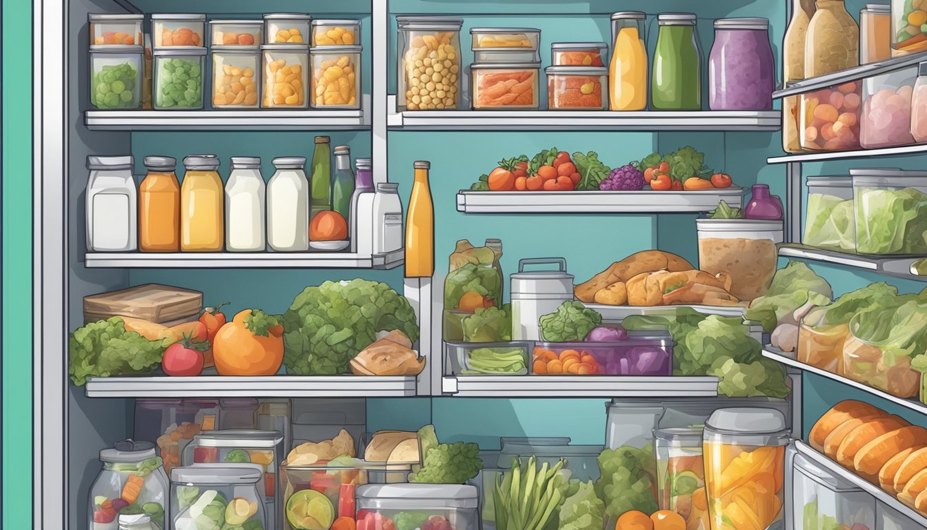 A colorful community fridge filled with various food items, surrounded by a diverse group of people contributing and taking items