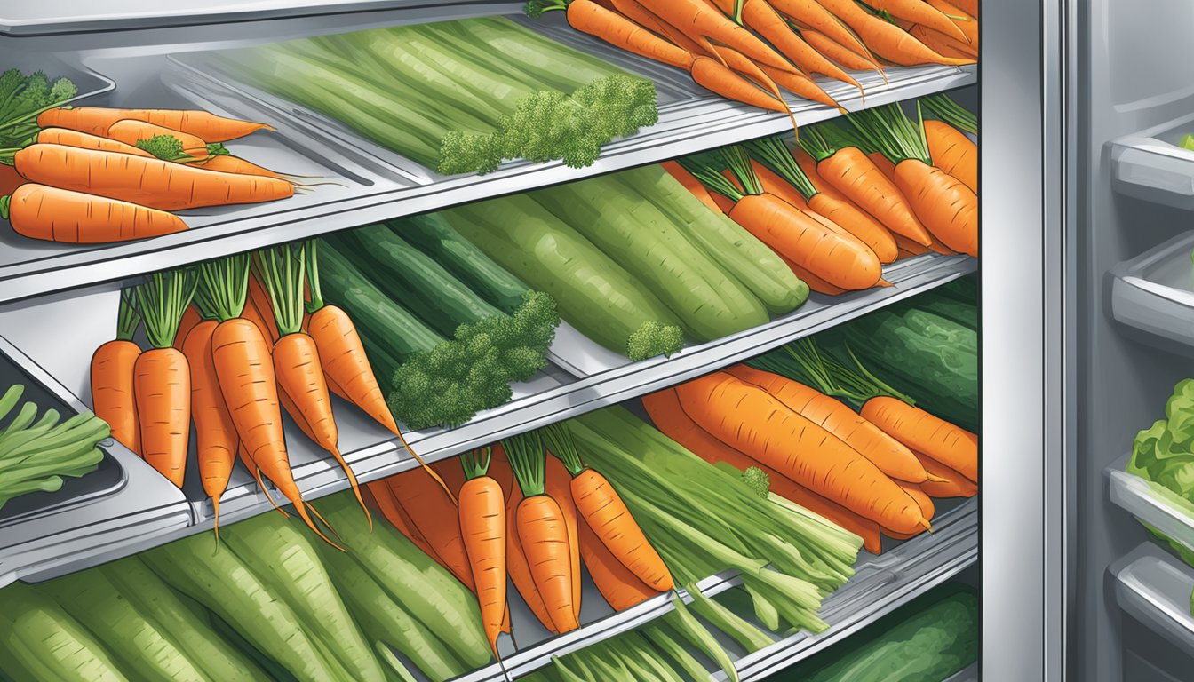 A bag of Birds Eye Steamfresh carrots sits in a refrigerator, surrounded by other fresh produce. The carrots are vibrant and crisp, with droplets of condensation on the packaging