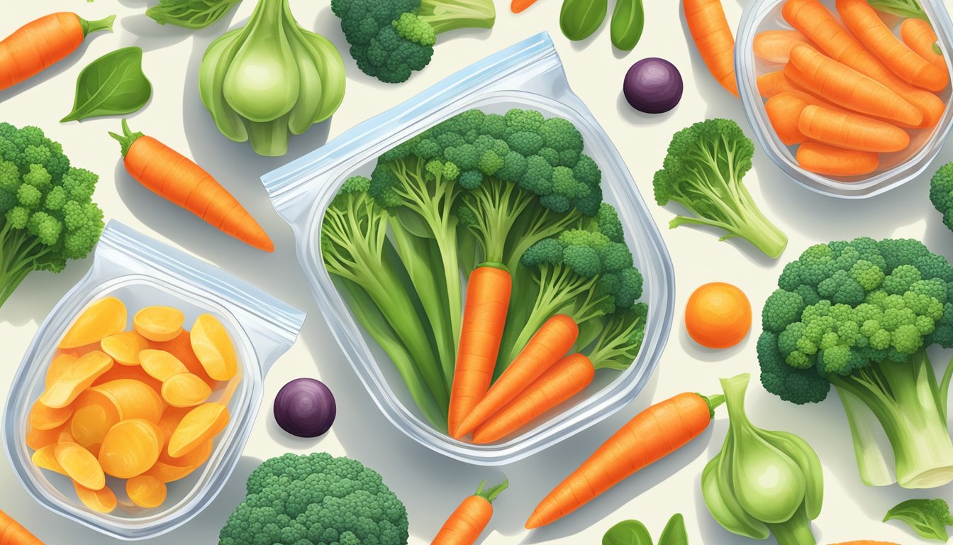 A colorful mix of fresh vegetables in a clear, steaming pouch, surrounded by vibrant green broccoli, bright orange carrots, crisp sugar snap peas, and crunchy water chestnuts