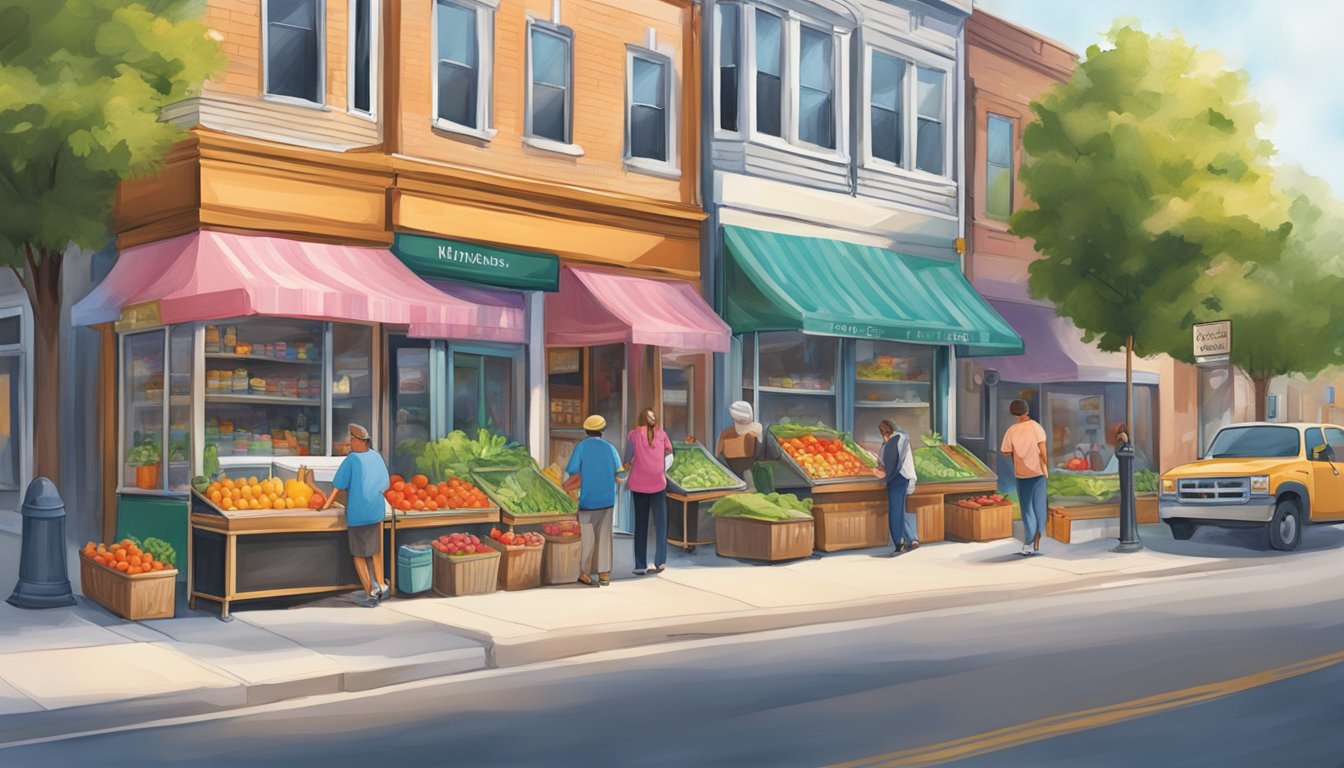 A bustling street corner in Naperville, Illinois, with a colorful community fridge adorned with artwork and filled with fresh produce and canned goods