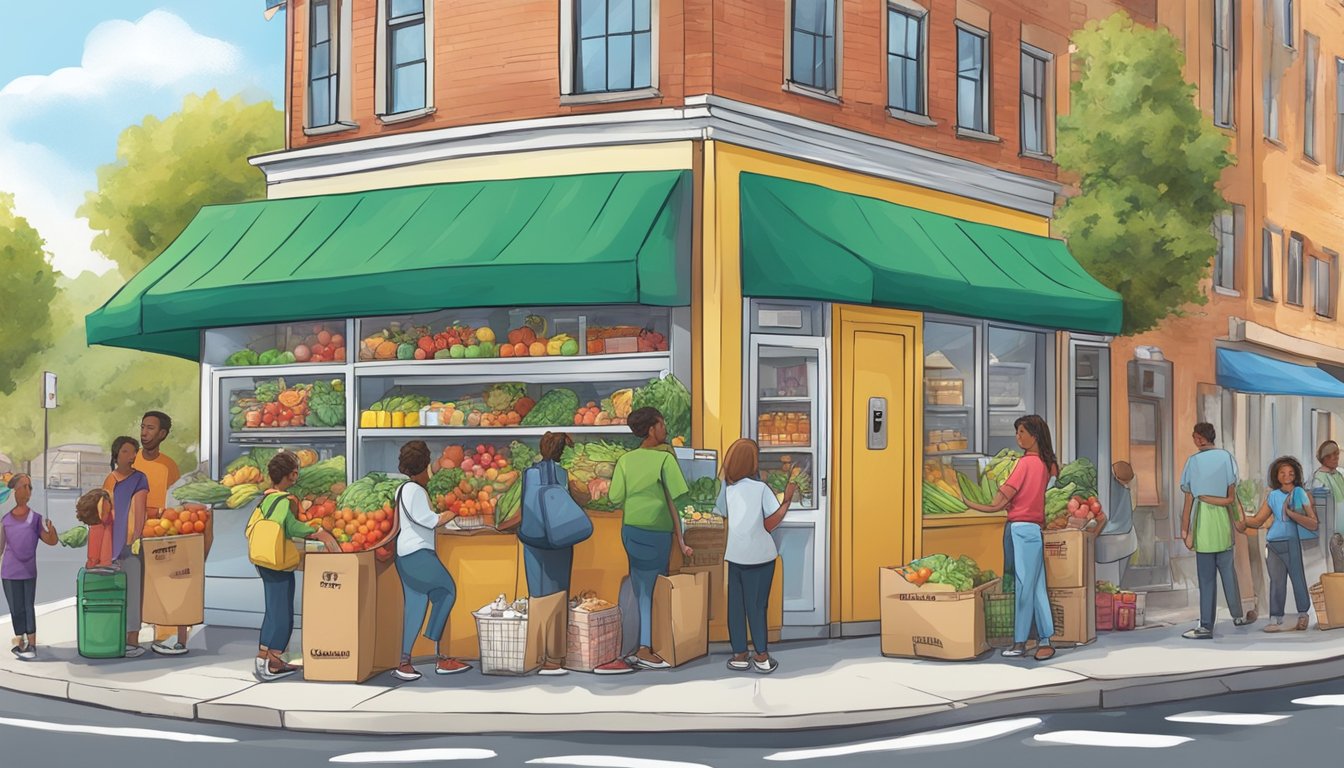 A bustling street corner with a colorful, decorated community fridge surrounded by people dropping off donations of fresh produce and non-perishable items