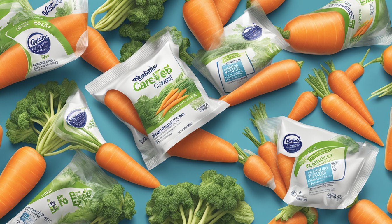 A bag of Birds Eye Steamfresh carrots sits on a kitchen counter, surrounded by other vegetables. The packaging is bright and colorful, with a clear label indicating the expiration date