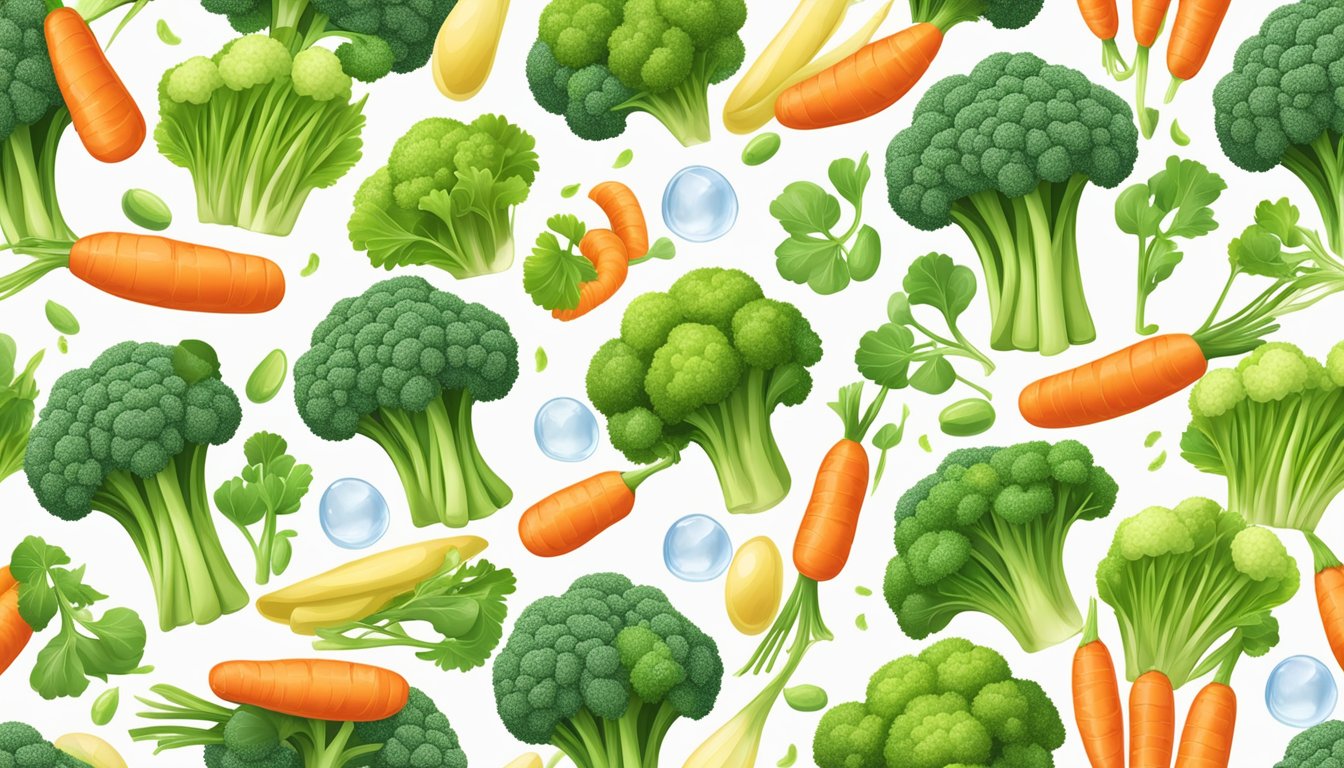 A colorful mix of fresh broccoli, carrots, sugar snap peas, and water chestnuts arranged in a vibrant display of nutrition and dietary benefits