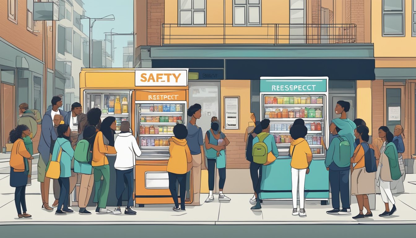 A diverse group of people in a bustling city neighborhood, with a community fridge prominently displayed and surrounded by signs promoting safety and respect