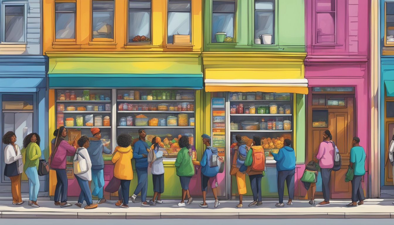 A diverse group of people approach a brightly painted community fridge, exchanging food and goods in a bustling urban setting