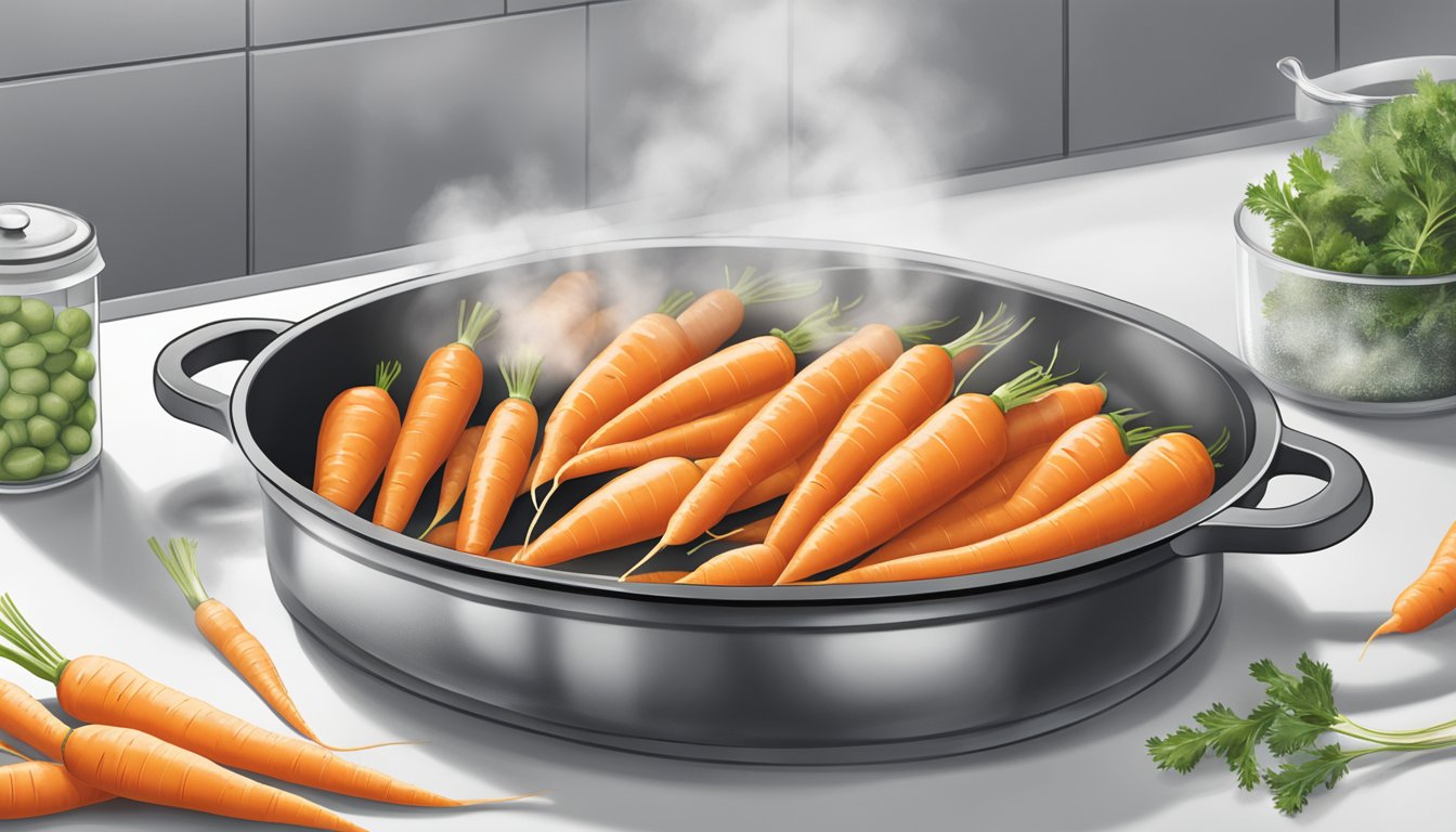 A bag of Birds Eye Steamfresh carrots sits on a clean kitchen counter, next to a steaming pot and a serving dish