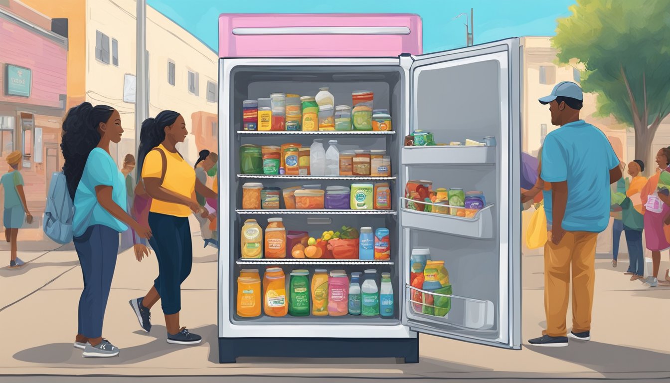 A brightly painted community fridge surrounded by a diverse group of people donating and taking food items in Baton Rouge, Louisiana