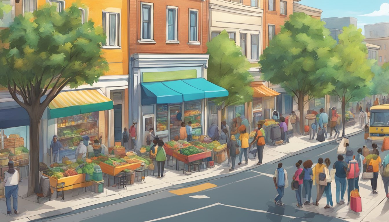 A bustling city street with a colorful community fridge surrounded by people donating and taking food. Nearby buildings and trees frame the scene