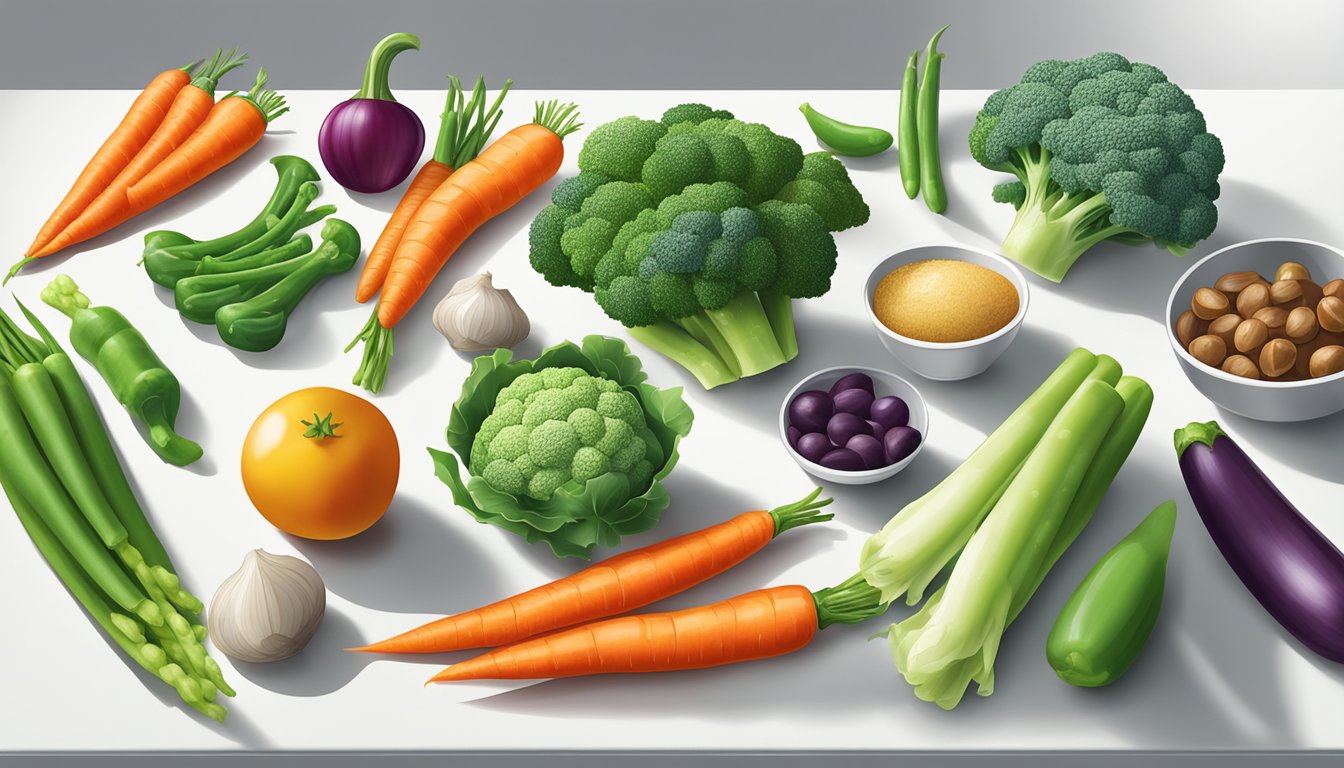 A colorful array of fresh vegetables, including broccoli, carrots, sugar snap peas, and water chestnuts, arranged on a clean, white cutting board