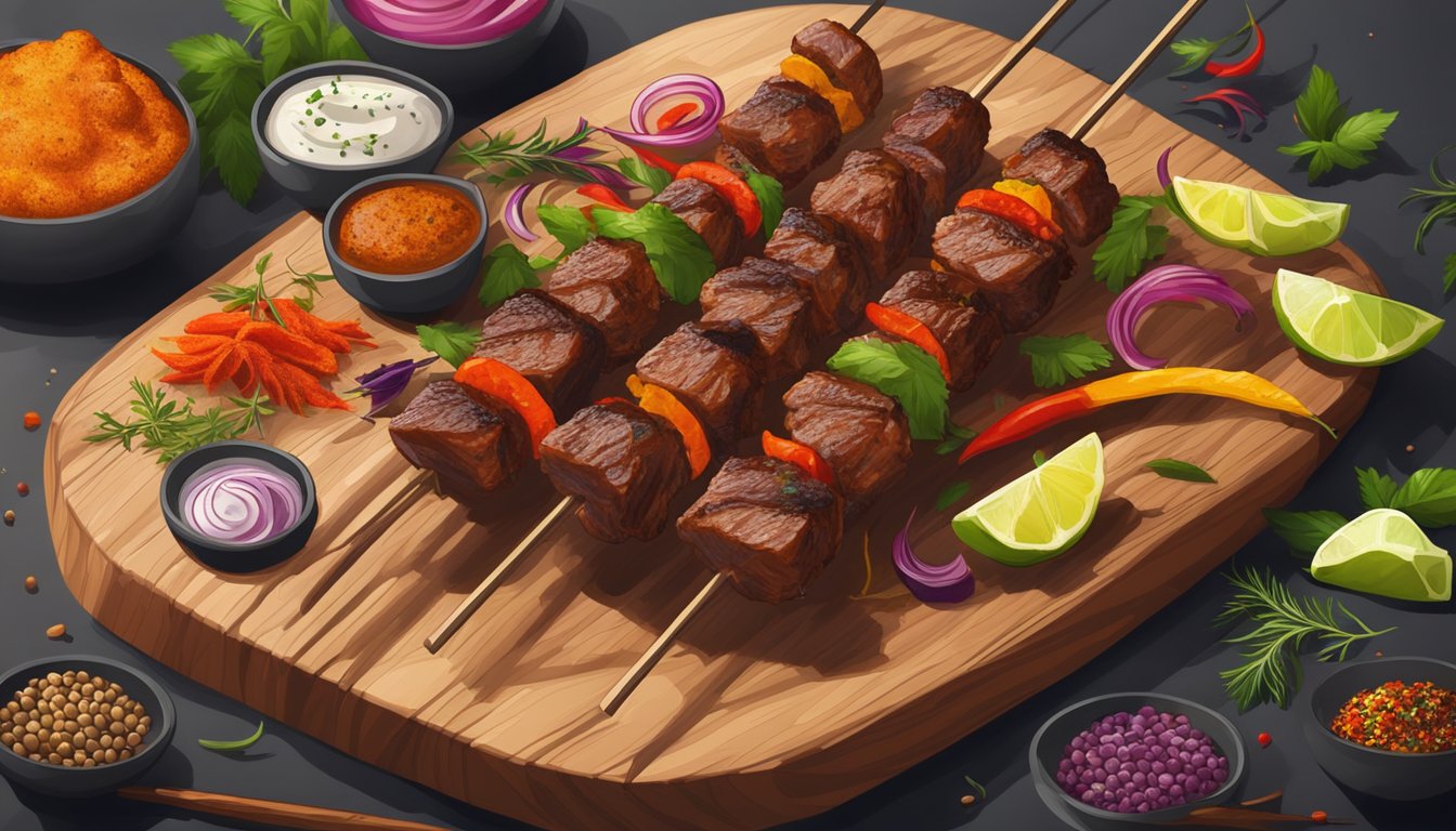 Beef tikka skewers arranged on a wooden platter, surrounded by colorful spices and herbs, with smoke rising from the grilled meat