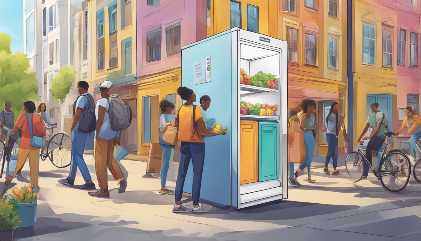 A colorful community fridge surrounded by diverse buildings and people accessing it