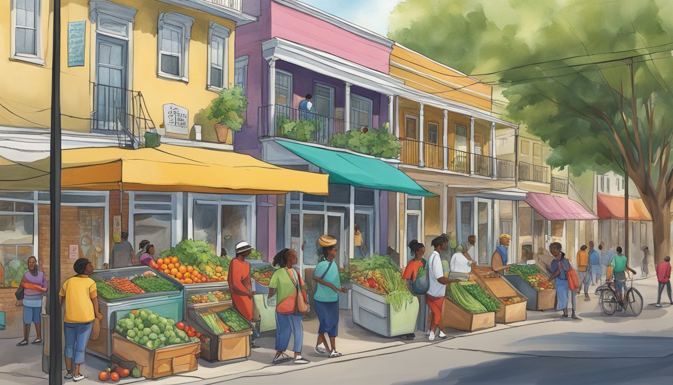 A bustling street corner in Baton Rouge, Louisiana, with a colorful community fridge filled with fresh produce and food items, surrounded by eager residents