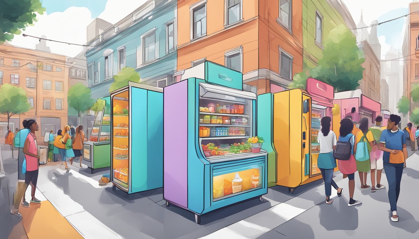 A bustling city street with colorful community fridges lined up, people interacting and sharing food, and social media icons floating above