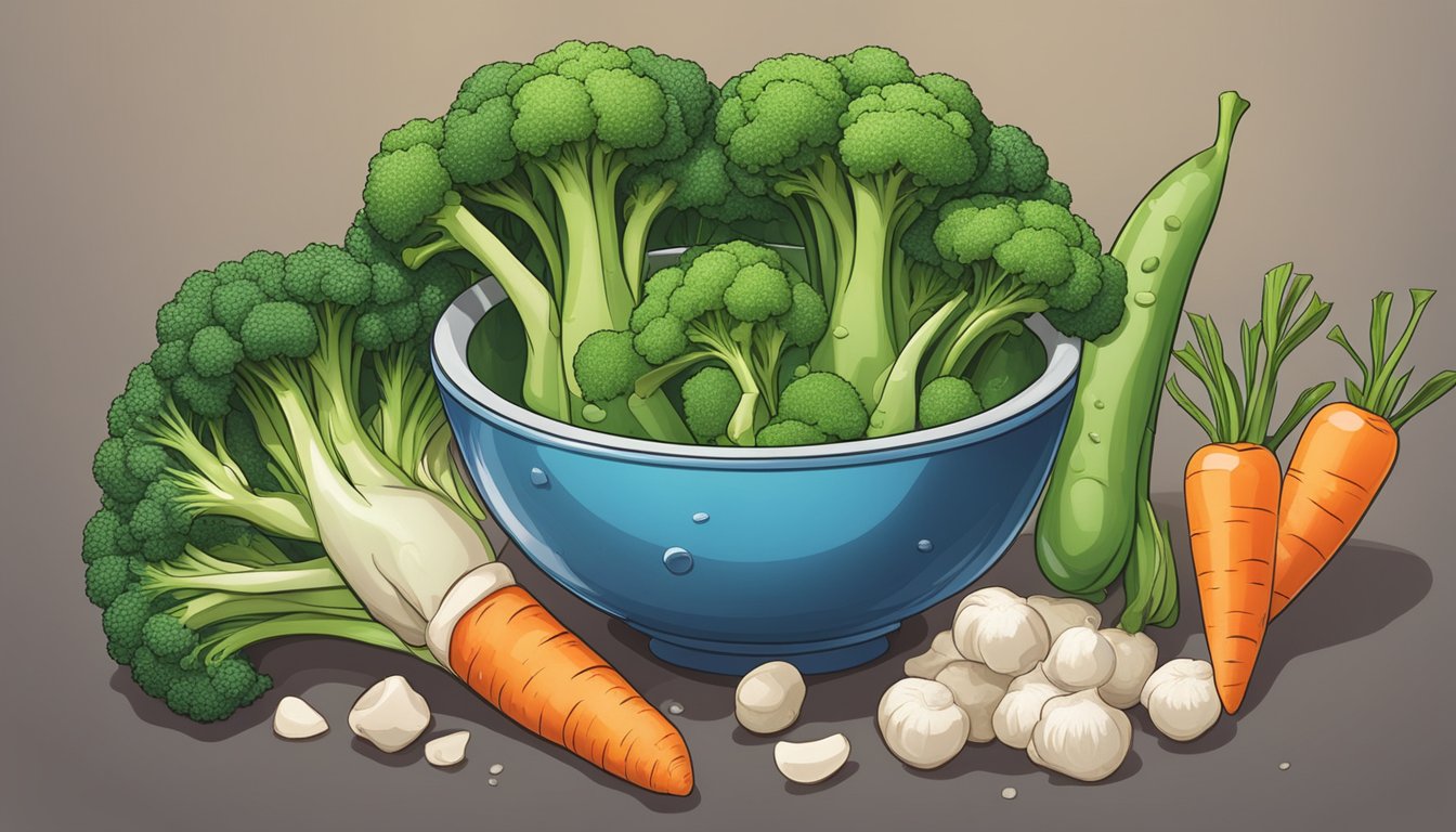 A colorful mix of broccoli, carrots, sugar snap peas, and water chestnuts arranged in a bowl, with steam rising from the freshly cooked vegetables