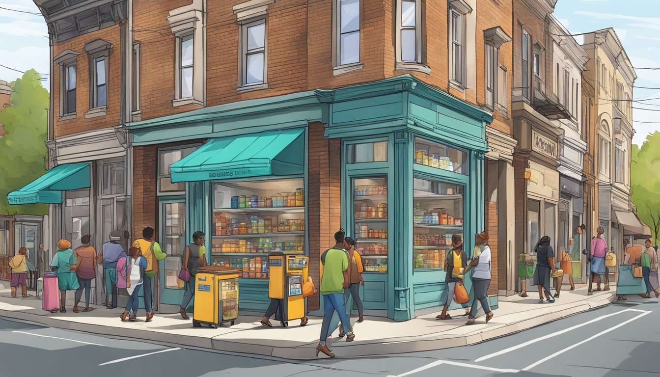 A bustling street corner in Springfield, IL, with a colorful community fridge being stocked and accessed by various individuals