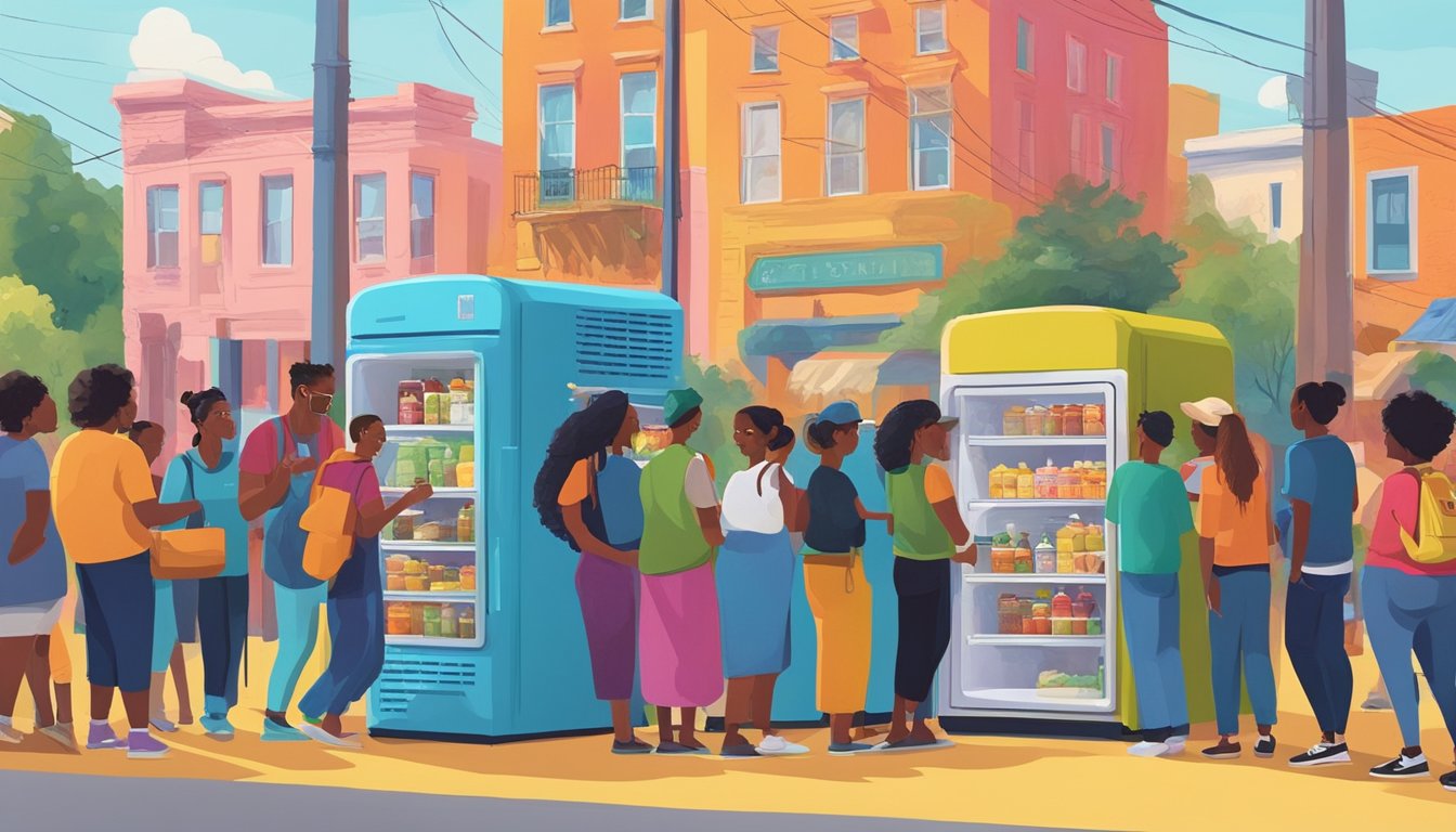 A brightly colored community fridge stands against a backdrop of vibrant murals, surrounded by a diverse group of people gathering to share and receive food