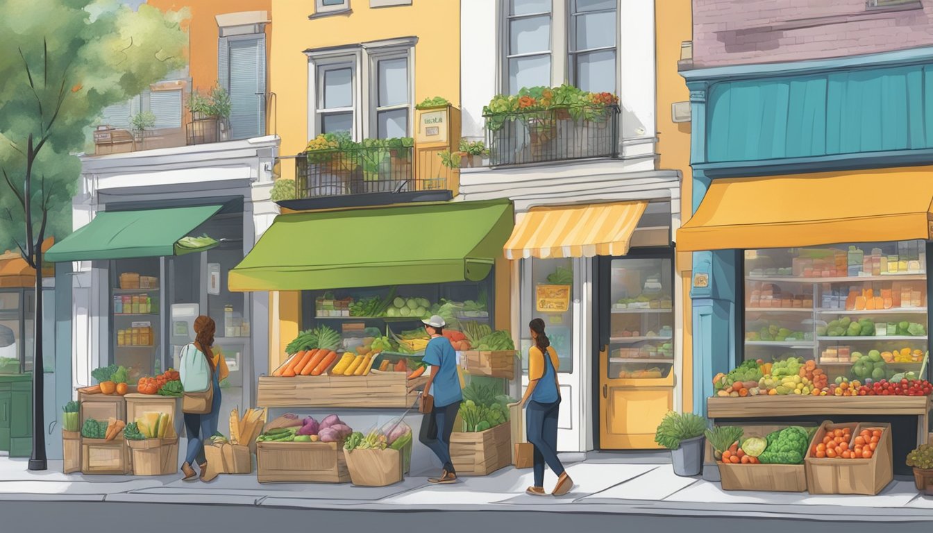 A bustling city street with a colorful community fridge adorned with local artwork and filled with fresh produce and pantry items