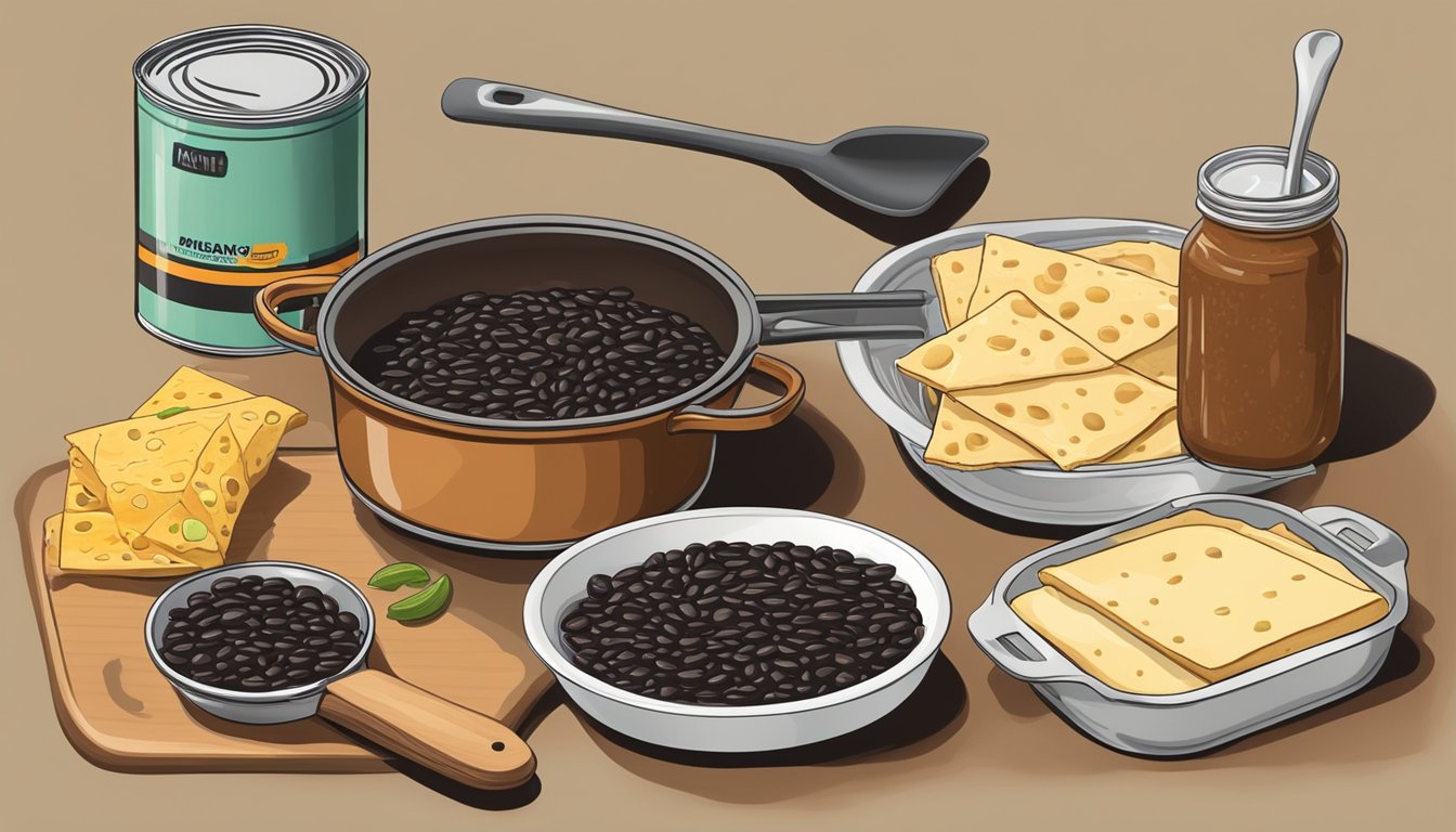 A kitchen counter with a can of black beans, tortillas, cheese, and enchilada sauce, along with a baking dish and a spatula for preparation