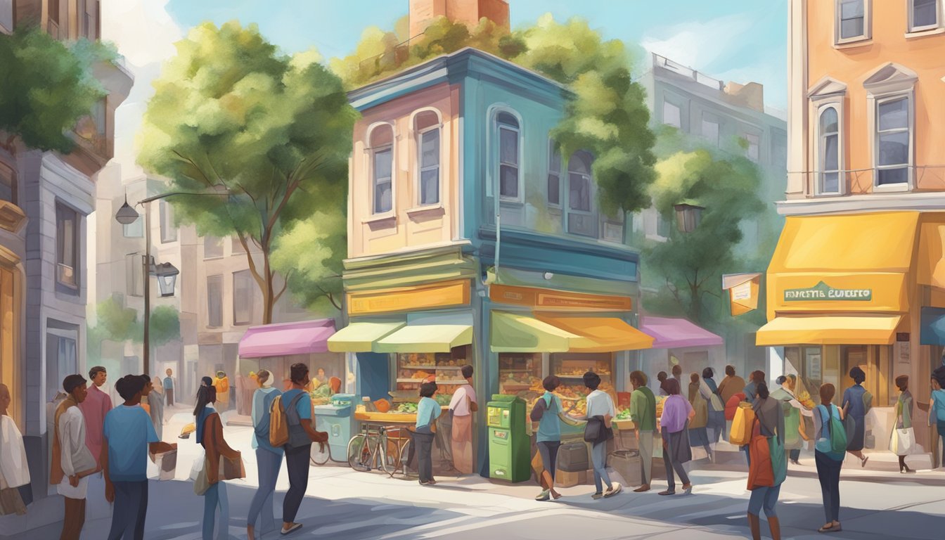 A bustling street corner with a colorful community fridge surrounded by people exchanging goods and sharing food