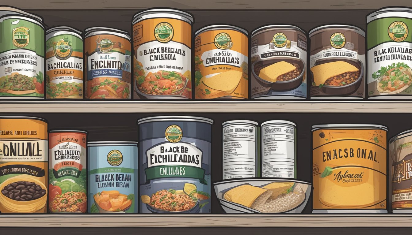 A can of black bean enchiladas sits on a pantry shelf, surrounded by other canned goods. The expiration date is clearly visible on the label