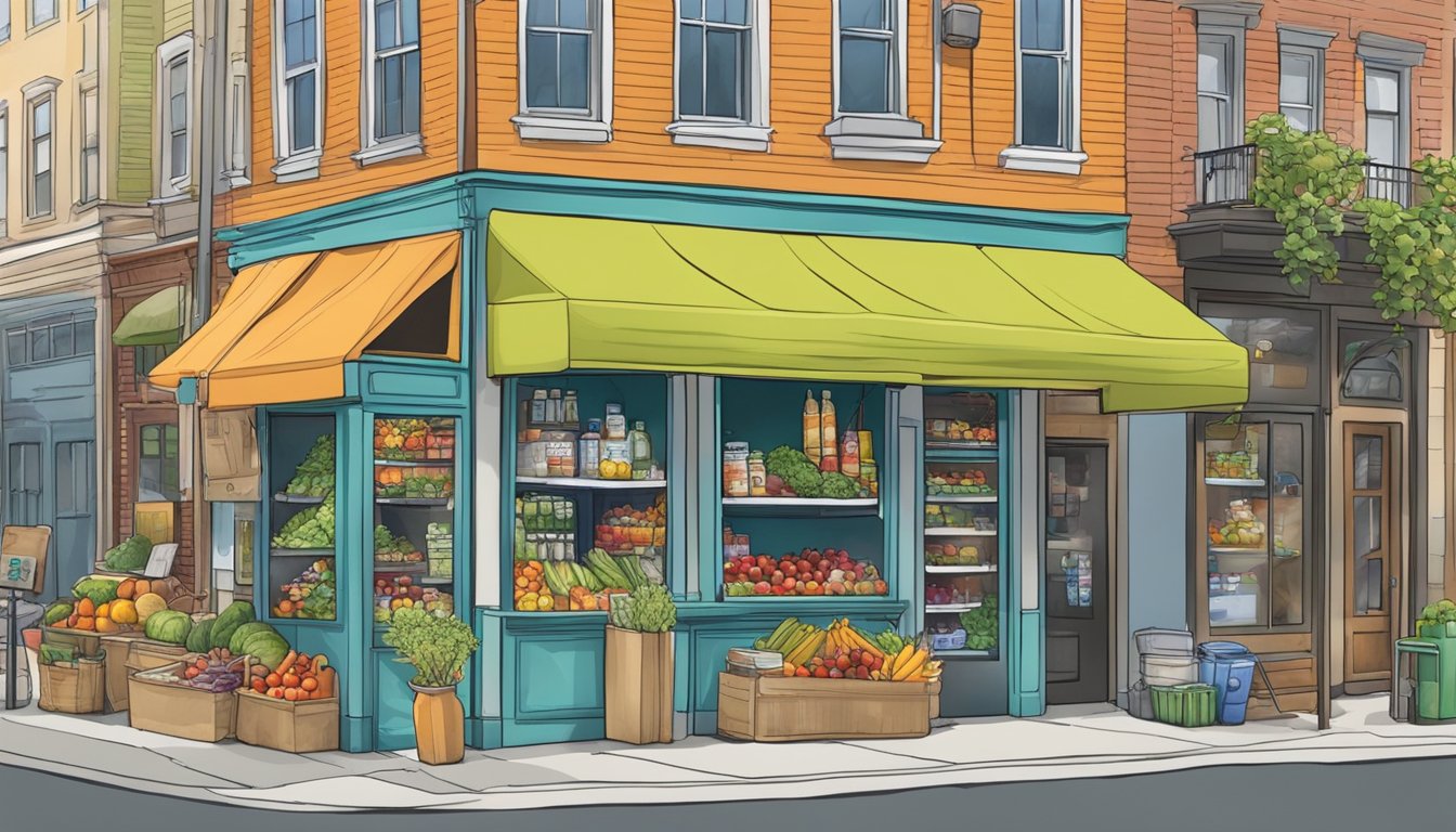 A bustling street corner in Lowell, MA, with a colorful community fridge adorned with artwork and filled with fresh produce and other food items