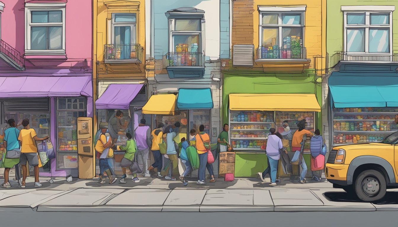 A bustling street corner with a colorful, graffiti-covered community fridge surrounded by people dropping off and picking up food donations