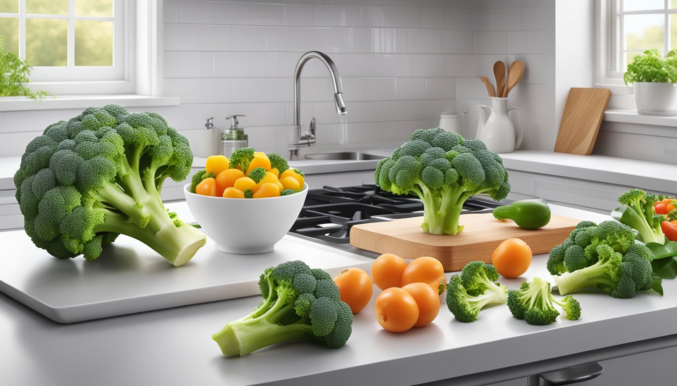 A bag of Birds Eye Steamfresh broccoli florets sits on a clean, white kitchen counter, surrounded by fresh vegetables and a steamer