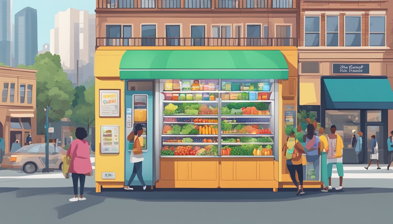 A colorful community fridge stands on a busy street, surrounded by diverse buildings and people. It is filled with fresh produce and food items, with a sign inviting locals to take what they need