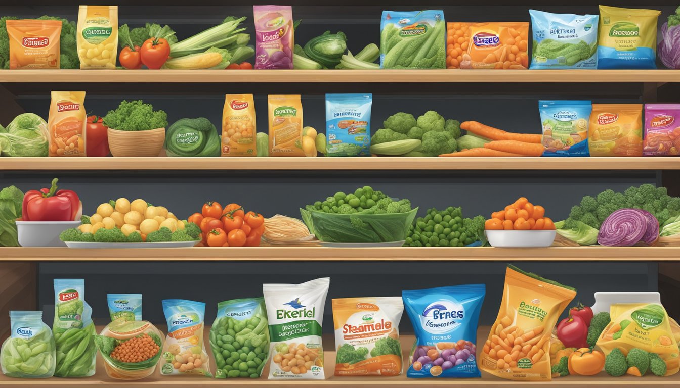 A colorful bag of Birds Eye Steamfresh mixed vegetables sits on a clean, organized shelf, surrounded by other frozen food items