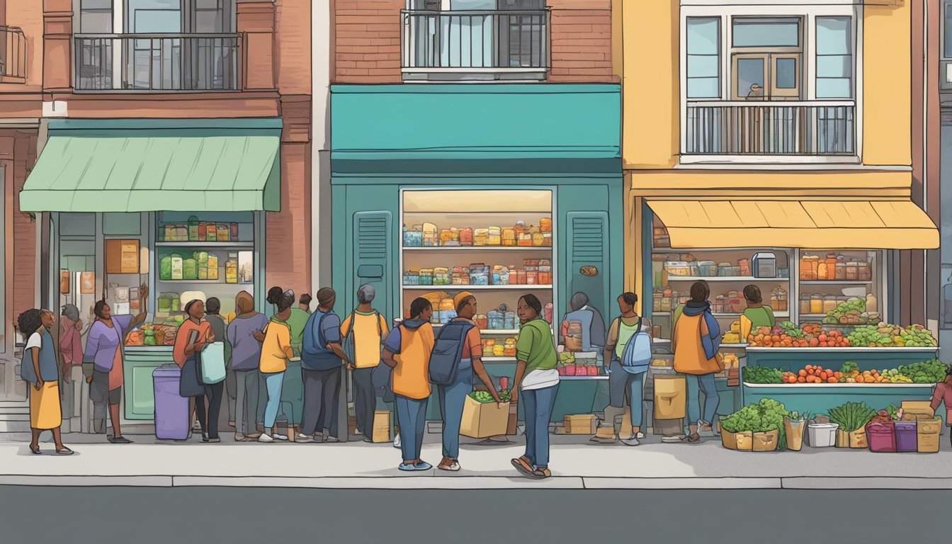 A bustling street corner with a colorful, well-stocked fridge surrounded by eager community members donating and taking food items