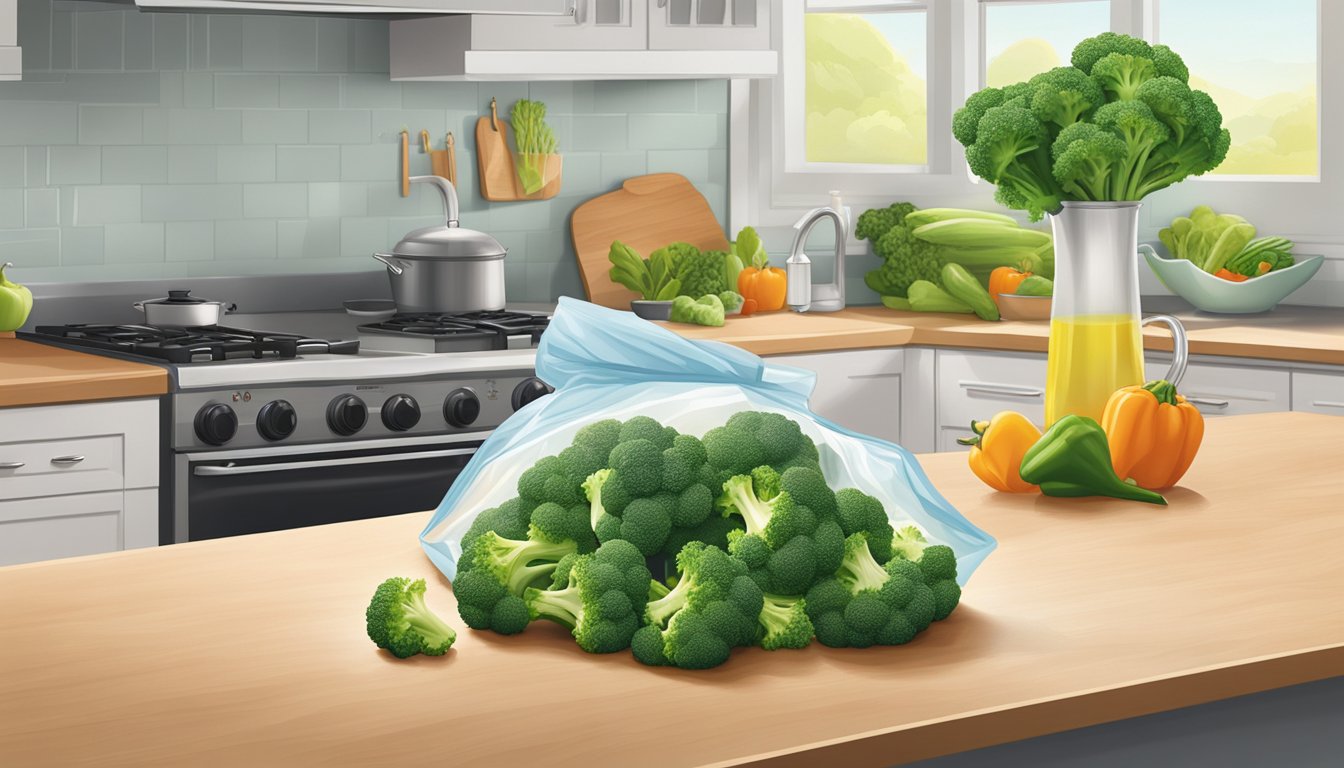 A bag of Birds Eye Steamfresh broccoli florets sits on a kitchen counter, surrounded by other vegetables. The bag is partially open, with the vibrant green florets spilling out onto the counter