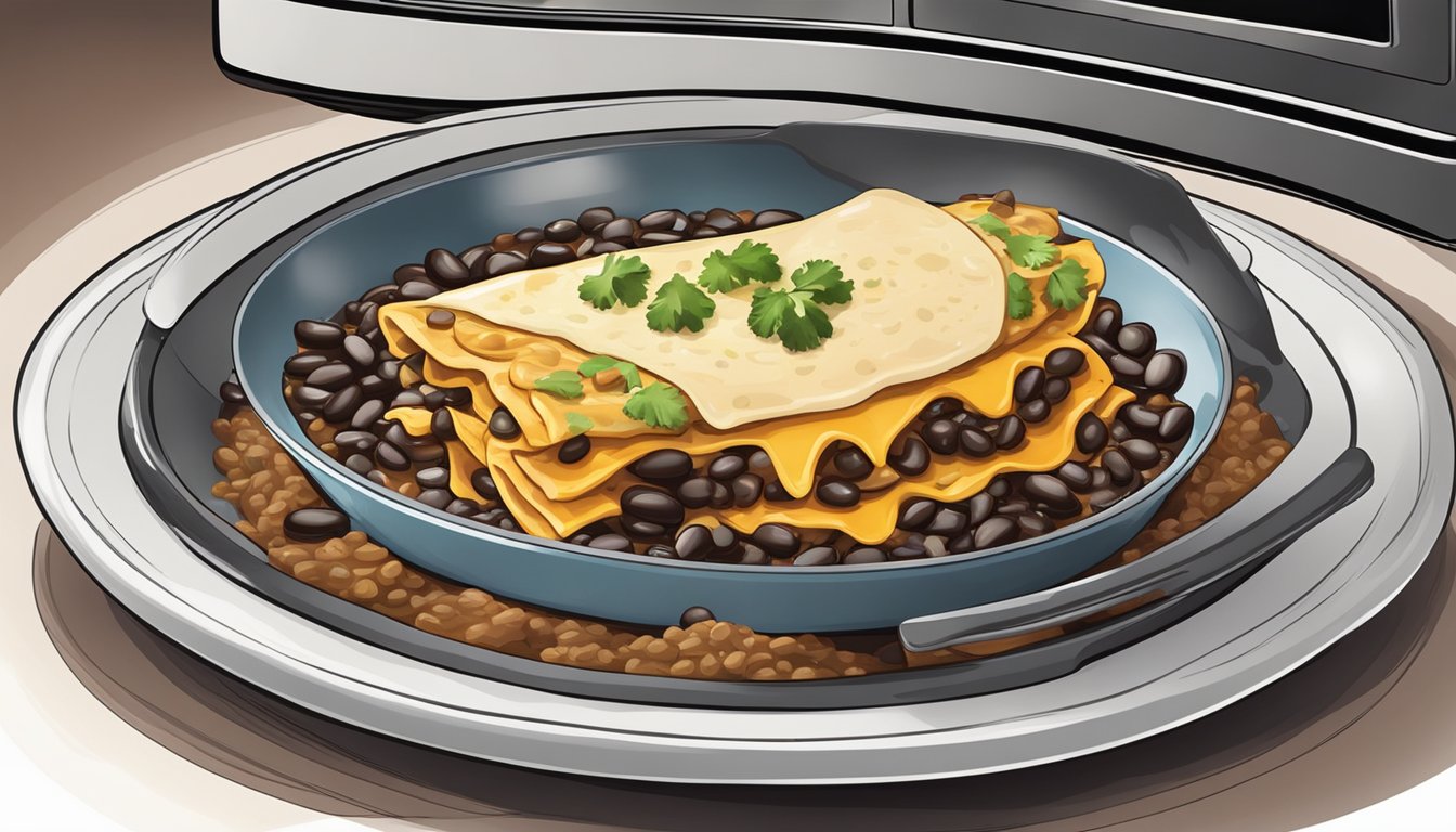 A plate of black bean enchiladas being reheated in the microwave, with steam rising from the dish