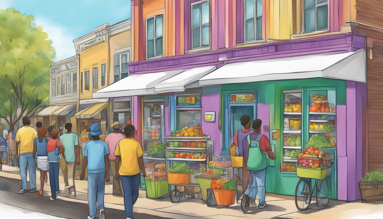 A busy street in Shreveport, Louisiana with a colorful community fridge accessible to all