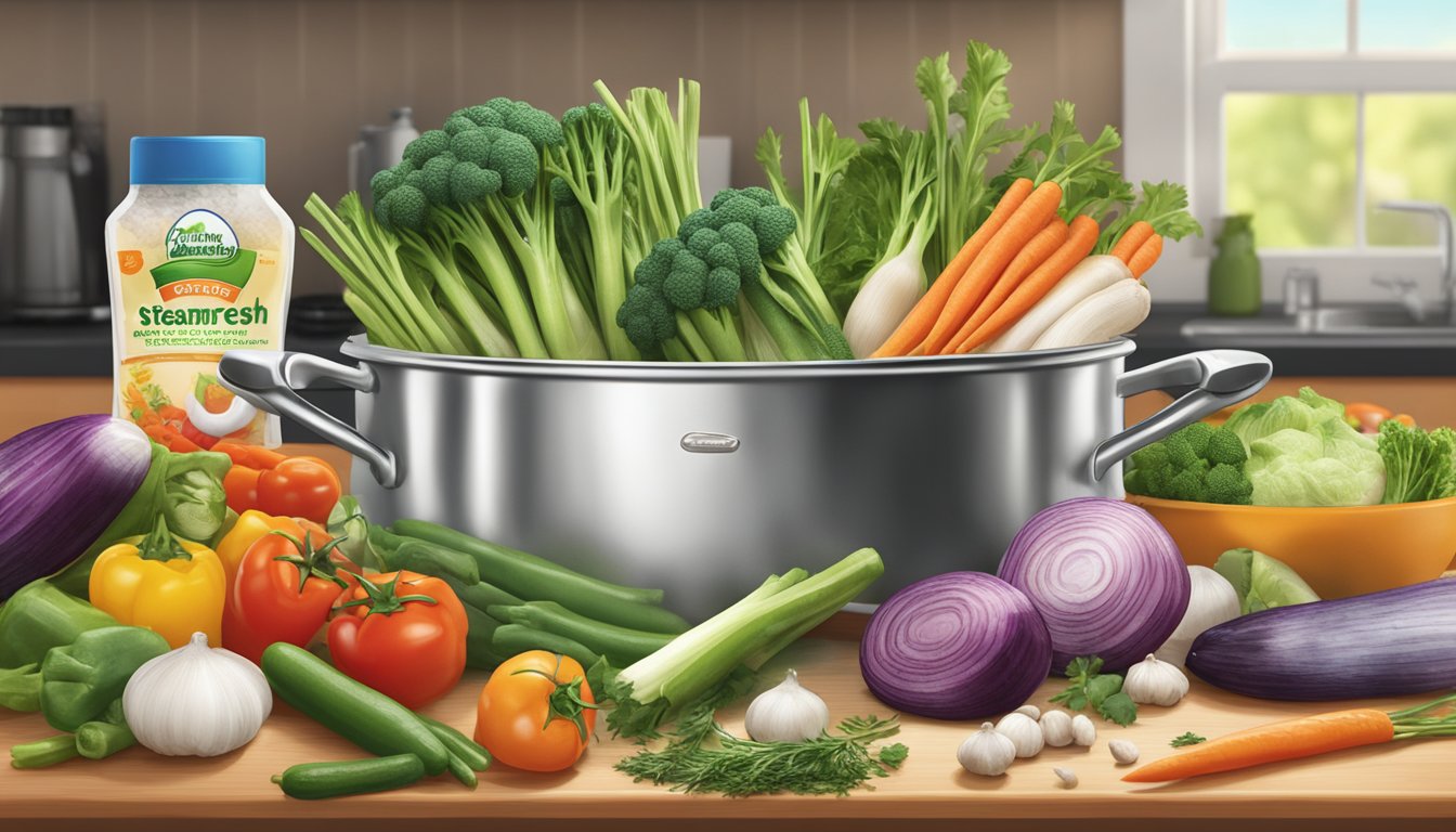 A steaming bag of Birds Eye Steamfresh mixed vegetables sits on a kitchen counter, surrounded by colorful cooking utensils and fresh ingredients